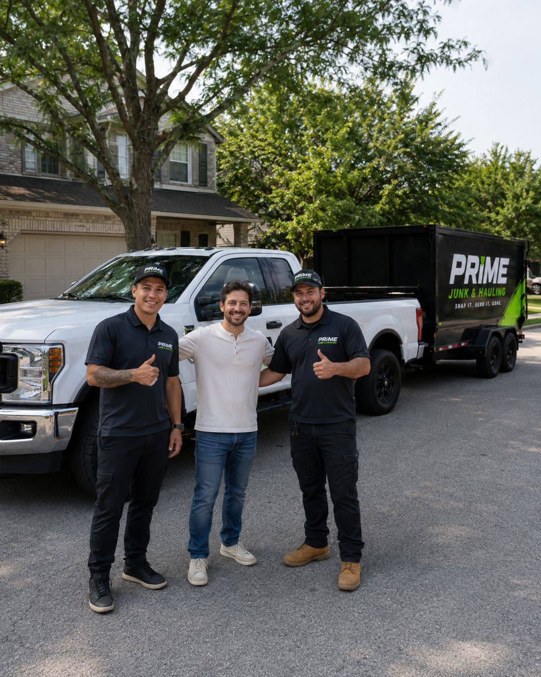 Prime Junk & Hauling crew with a happy local customer after a completed junk removal job
