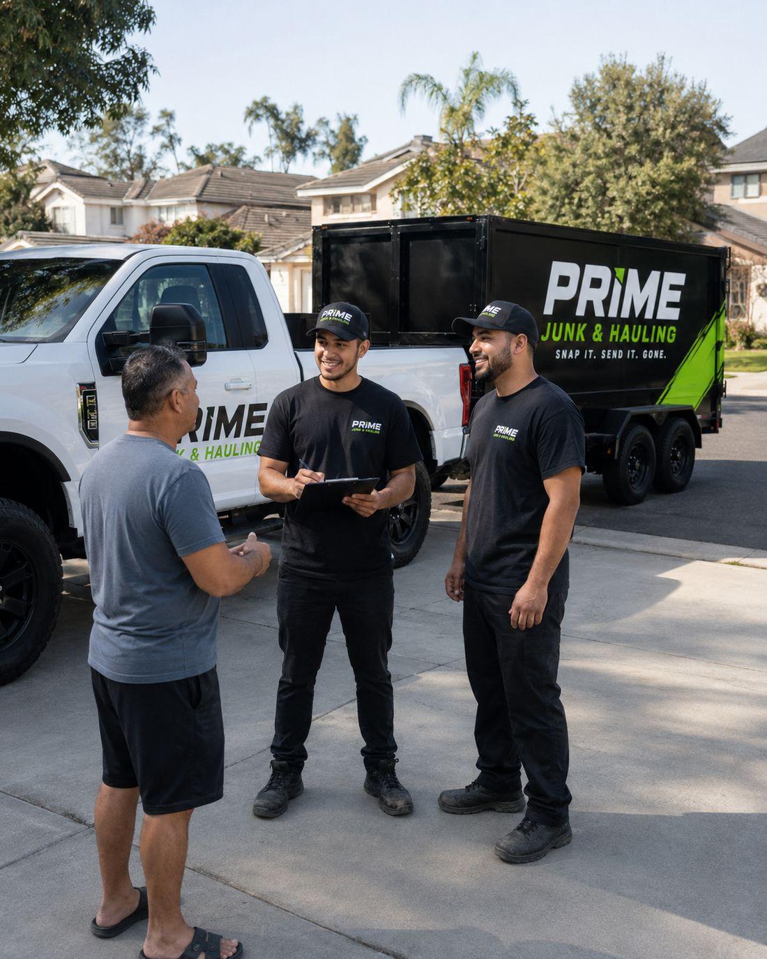 Prime Junk & Hauling crew member confirming an upfront quote with a homeowner in his driveway